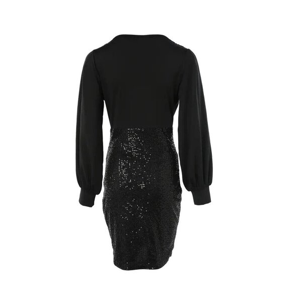 CHICME Black Sequin Ruched Bust Dress, Shirred Waist Long Sleeve Sz MedNew - Picture 2 of 7